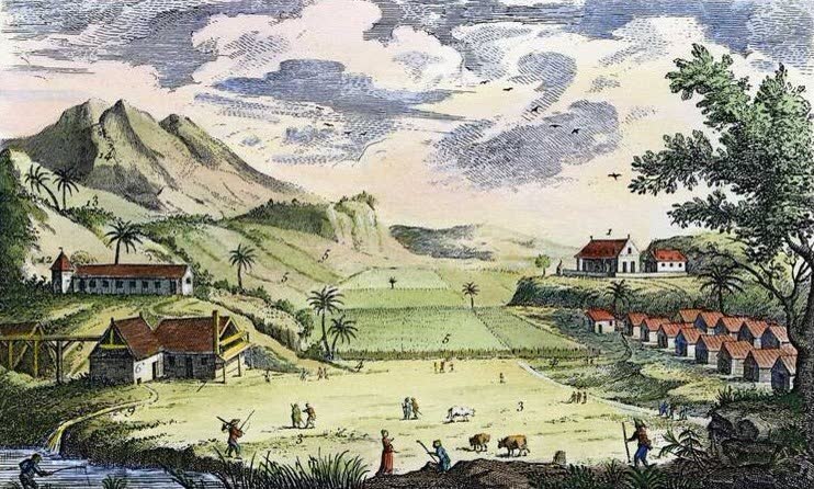 Una plantación de azúcar en las Antillas francesas, según un grabado de 1762.