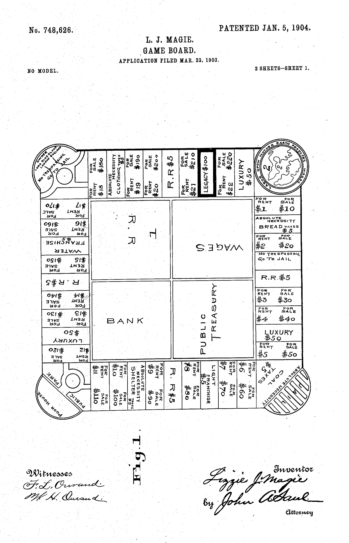 El dibujo de la patente de The Landlord's Game (1904).